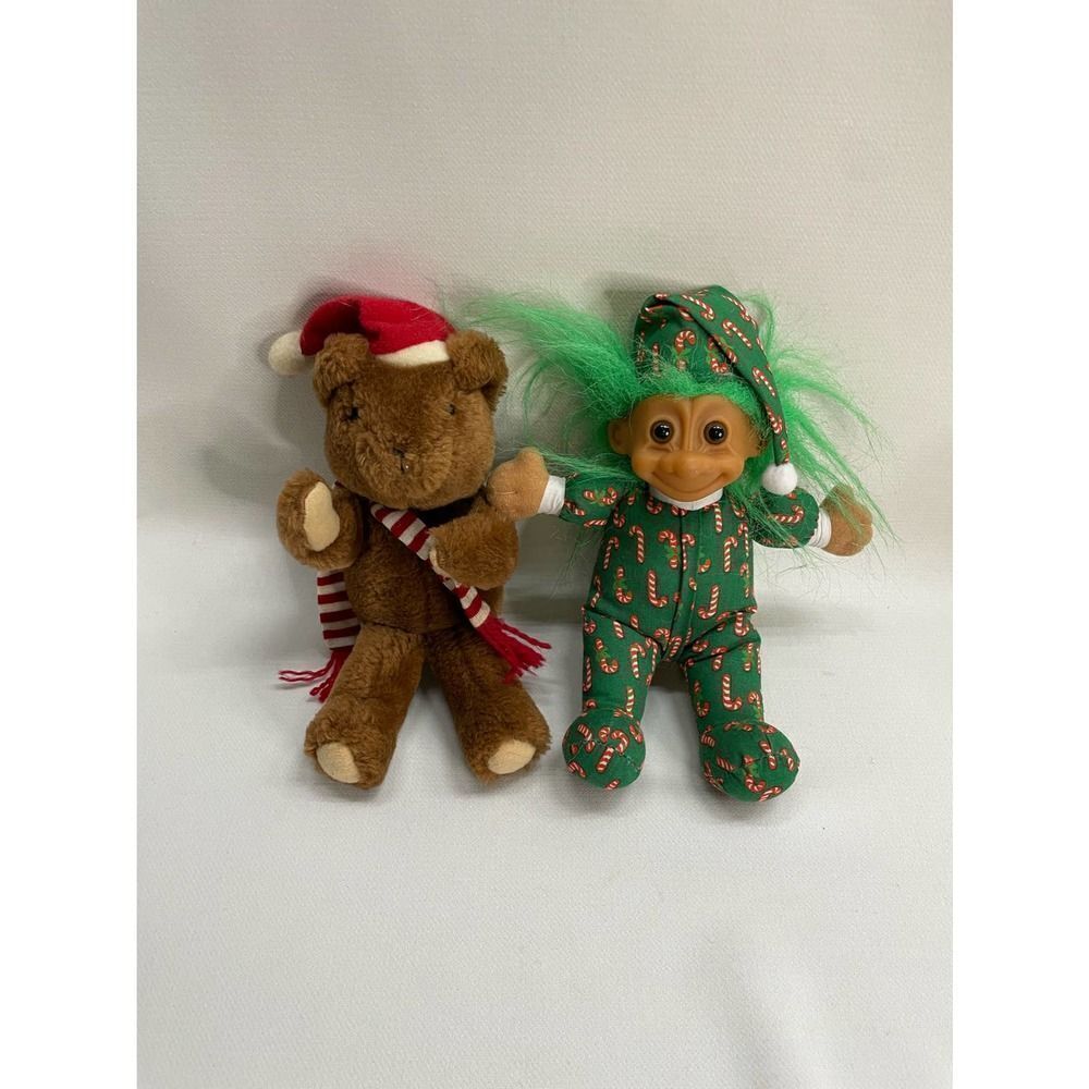 Russ Vintage Holiday Plush Candy Cane Troll #2385 and Santa Bear #292